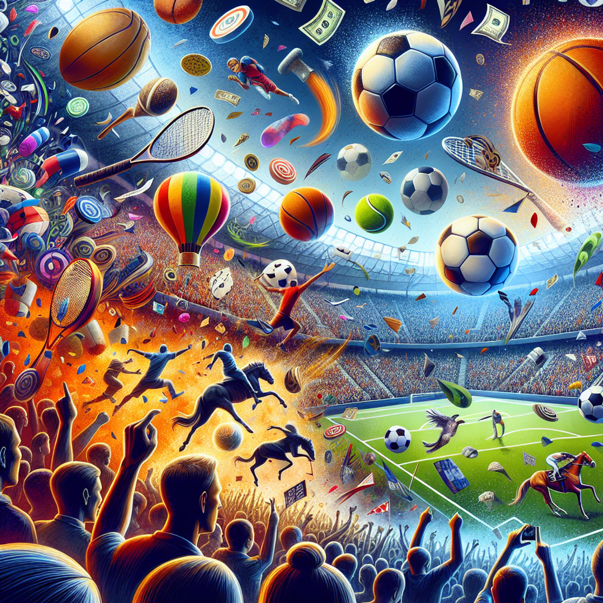 A crowded sports stadium with diverse fans, featuring symbols of soccer, basketball, tennis, and horse racing, capturing the excitement of sports bett