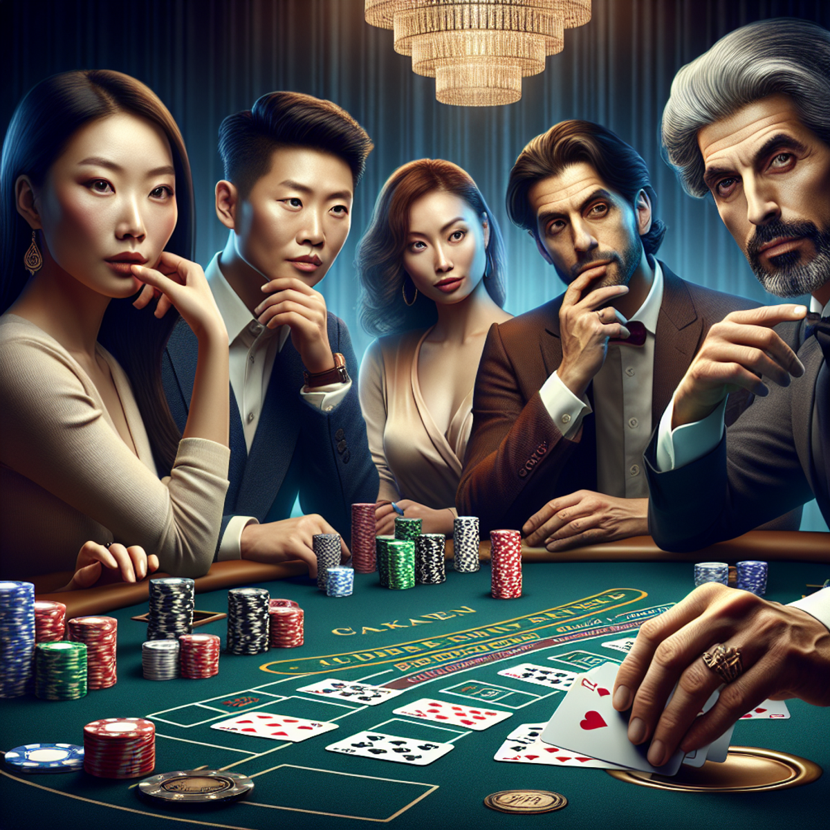 A diverse group of people playing blackjack at a casino table, with a confident Asian male dealer dealing cards and players showing various emotions.