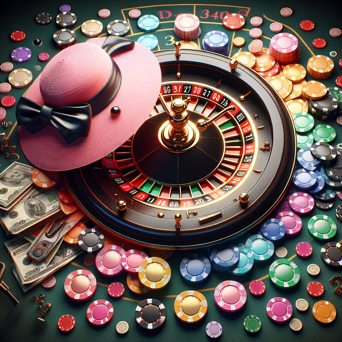 A high-quality roulette wheel with colorful sectors and vibrant gambling chips placed around and on the wheel.