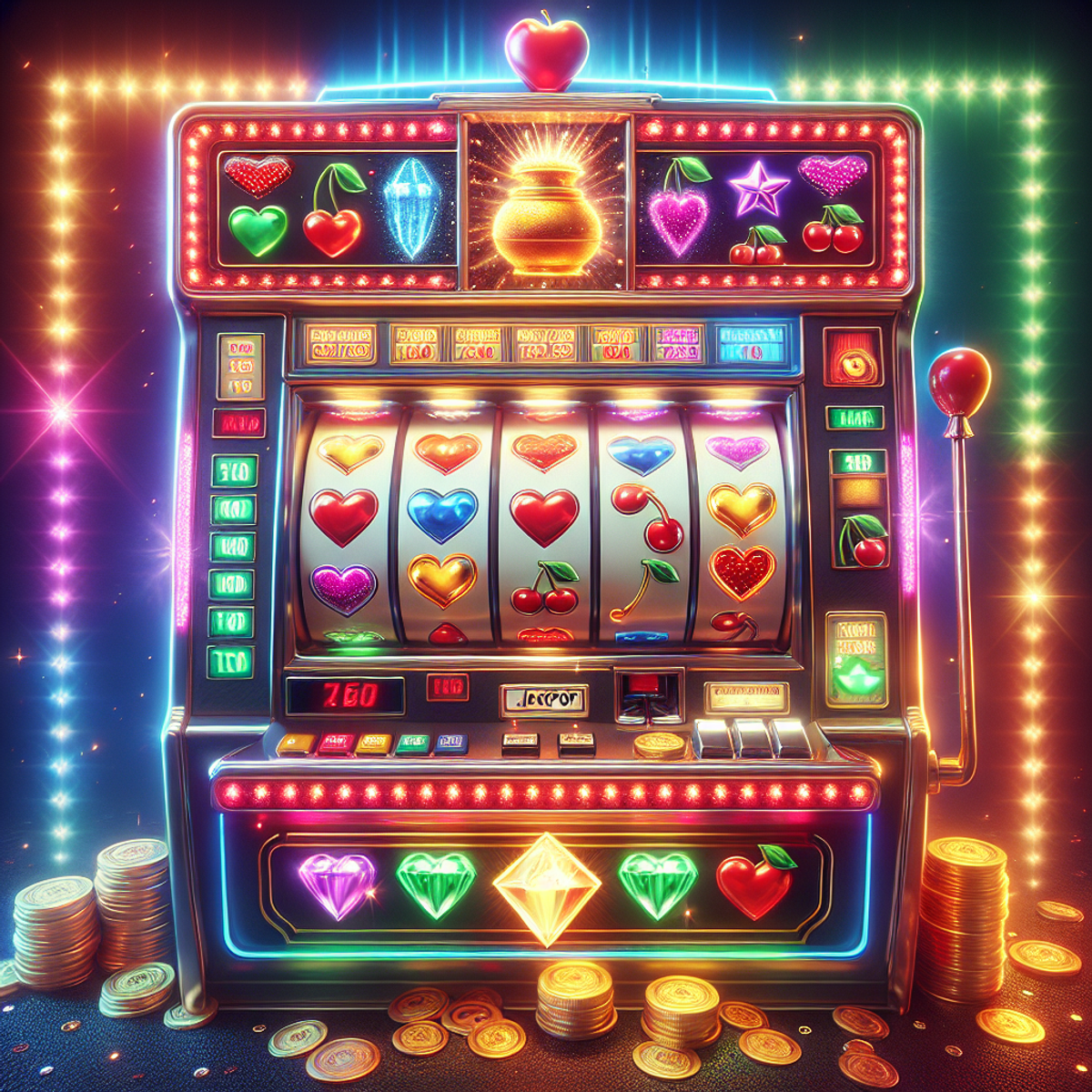 A realistic slot machine with vibrant, glowing symbols including hearts, diamonds, bells, and cherries. An illuminated non-textual jackpot symbol adds