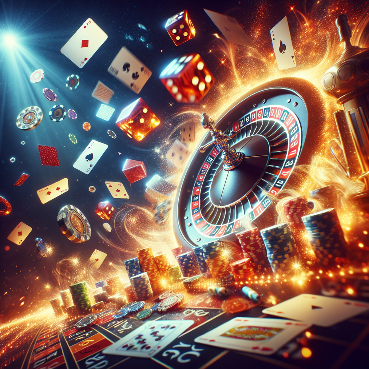 A vibrant image featuring playing cards, dice, and a spinning roulette wheel suspended in mid-air, surrounded by a rich, glamorous palette of colors.