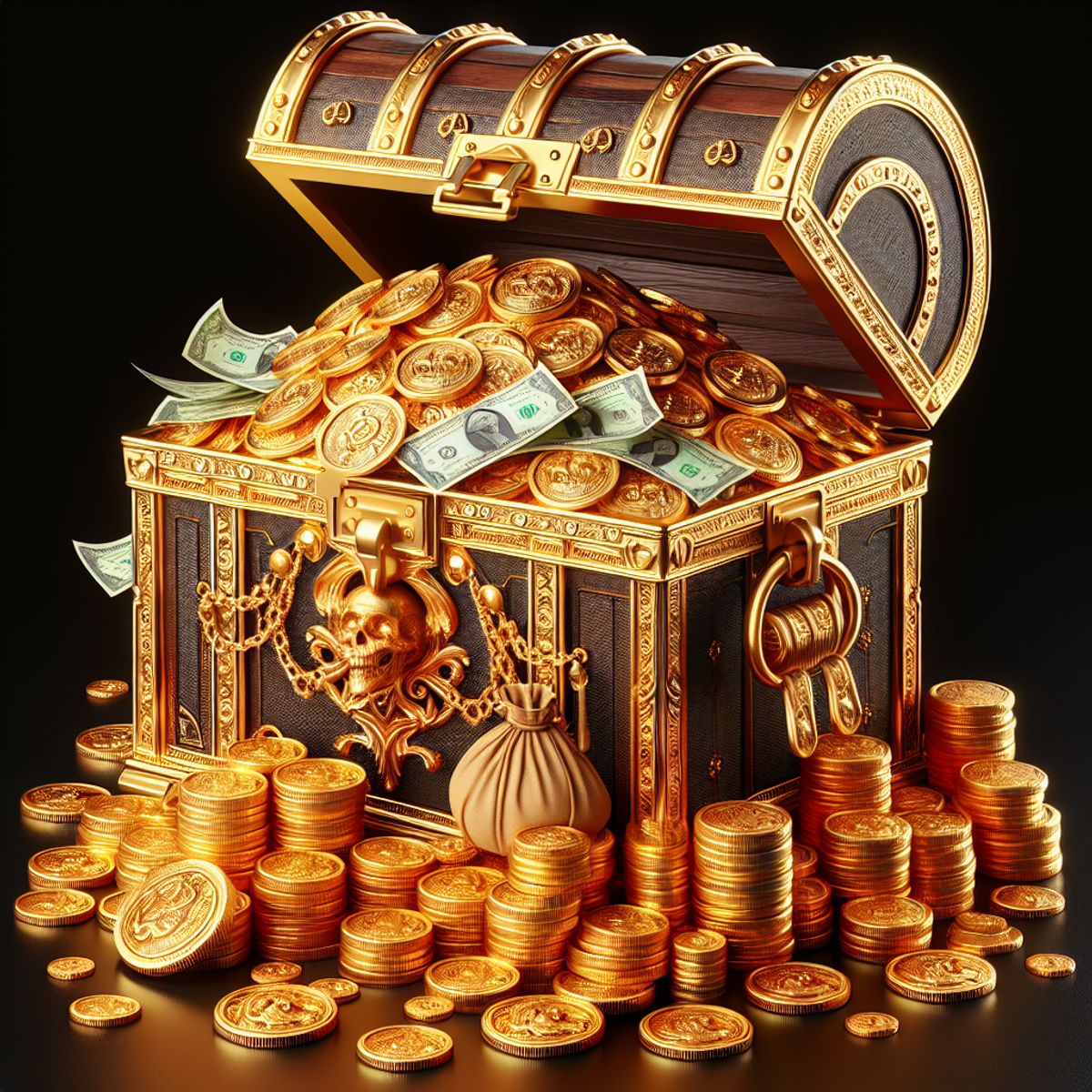 An overbrimming treasure chest made of gold and filled with shimmering coins and intricately designed banknotes.