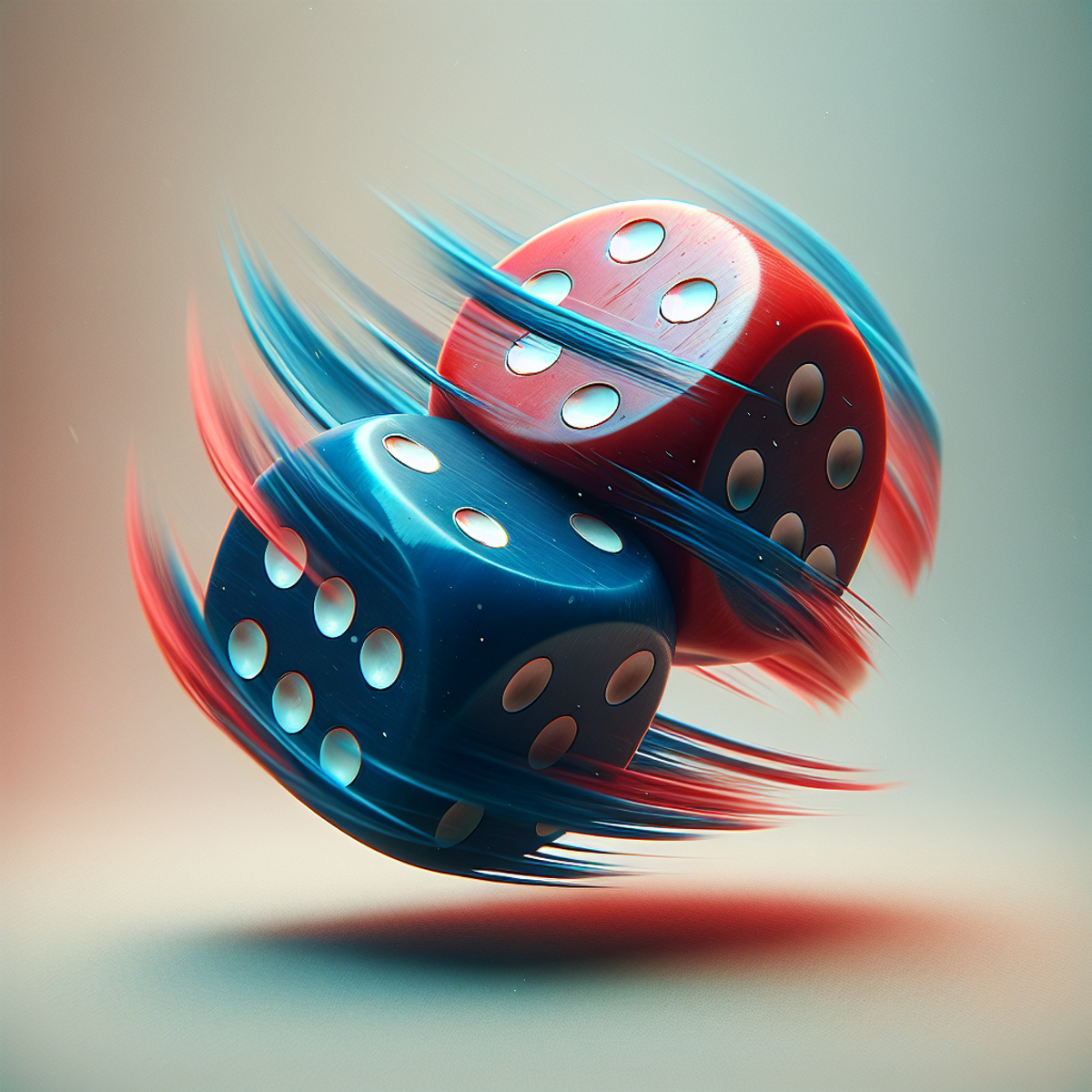 Two colorful dice in mid-air, spinning with motion blur.